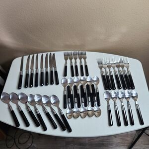 Stainless Flatware 42 Pieces Spoons Forks Knifes Black Plastic Handle Camping/Pi